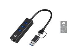 DONN07BA USB zu Gigabit-Netzwerkadapter mit 3-Port-USB-Hub, USB-A x 3, Wake-on-LAN, 2-in-1 USB-C USB-A Kabel