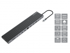 DONN32B 14-en-1 USB 3.2 Gen 1 Docking USB-C, HDMI x 2, DP, GbE LAN, USB-A 5Gbps x 3, USB-C 5Gbps x 2, SD, TF/MicroSD, auriculares de 3,5 mm, ranura de seguridad, 100W USB PD