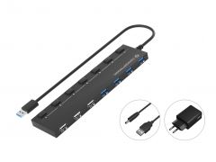 HUBBIES09BP Concentrador USB 3.0/2.0 de 7 puertos con adaptador de corriente, cable de 90 cm, interruptor de alimentación individual, USB-A 3.0 x 4, USB-A 2.0 x 3