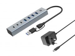 HUBBIES20GP Concentrador USB 3.0 de 7 puertos con adaptador de corriente, cable USB C/A 2 en 1, USB-C x 3, USB-A x 4