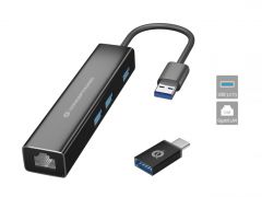DONN07BA Adaptador de red USB a Gigabit con concentrador USB de 3 puertos, USB-A x 3, Wake-on-LAN, incl. Adaptador USB C-A